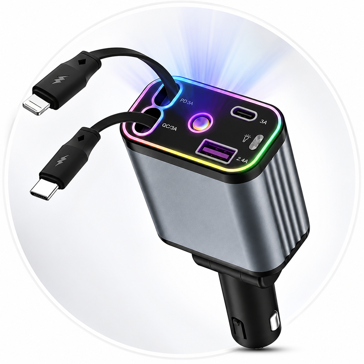 OmniCharge™ | 4-in-1 Fast Car Charger (Built-in Cables & LED)